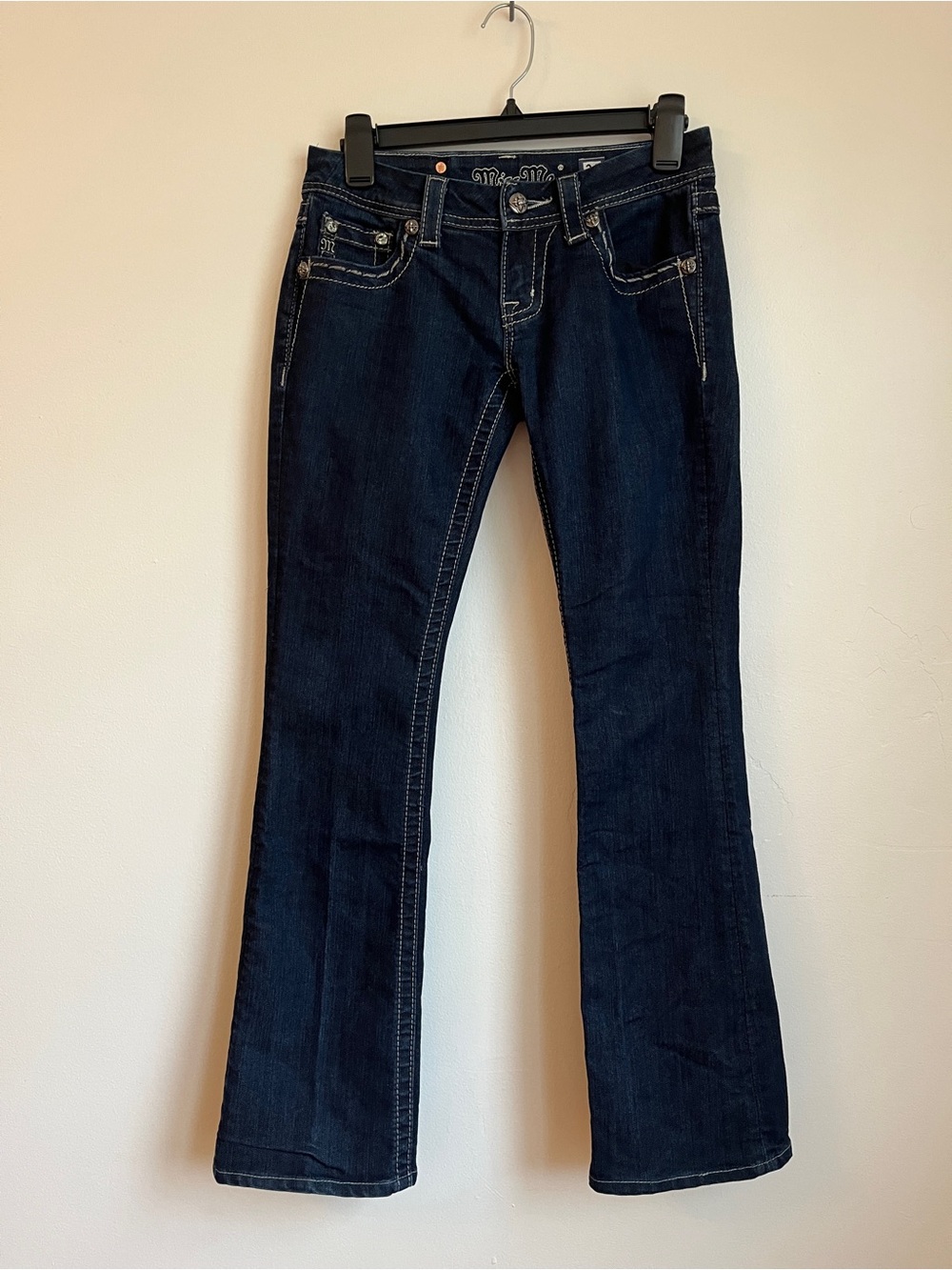 Miss Me Dark Blue Bootcut Jeans for Women Size 26 With Pockets, Zip Cotton Blend